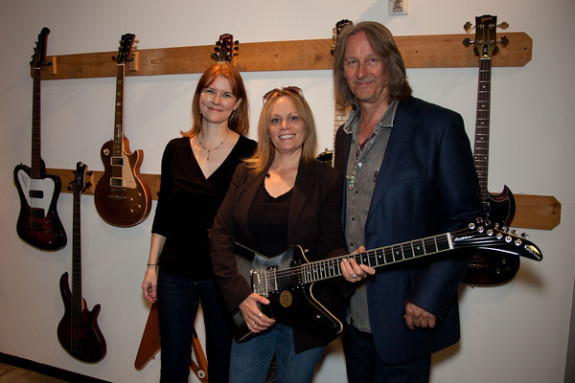 Epiphone contest winner (L to R: Stacey Ferguson (event co-producer), Robbin Burton (contest winner), Peter Leinheiser (of Epiphone) - photo by Erin Fotos